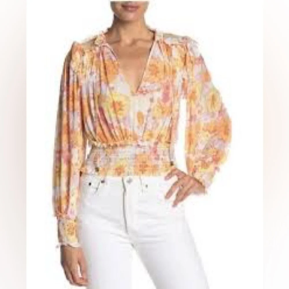 Free People - Twilight Bright Floral Ruffle Smocked Hem Long Sleeve Blouse XS